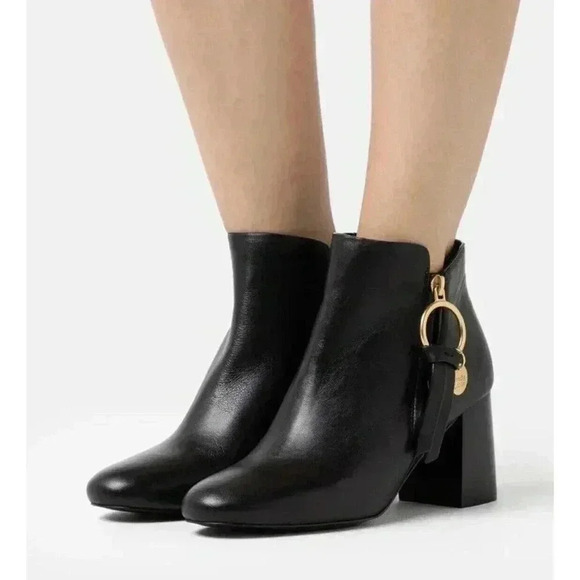 See by Chloe Boots Louise Block Heel Ankle Booties Black Leather Zip Size 37 7 - Picture 13 of 15